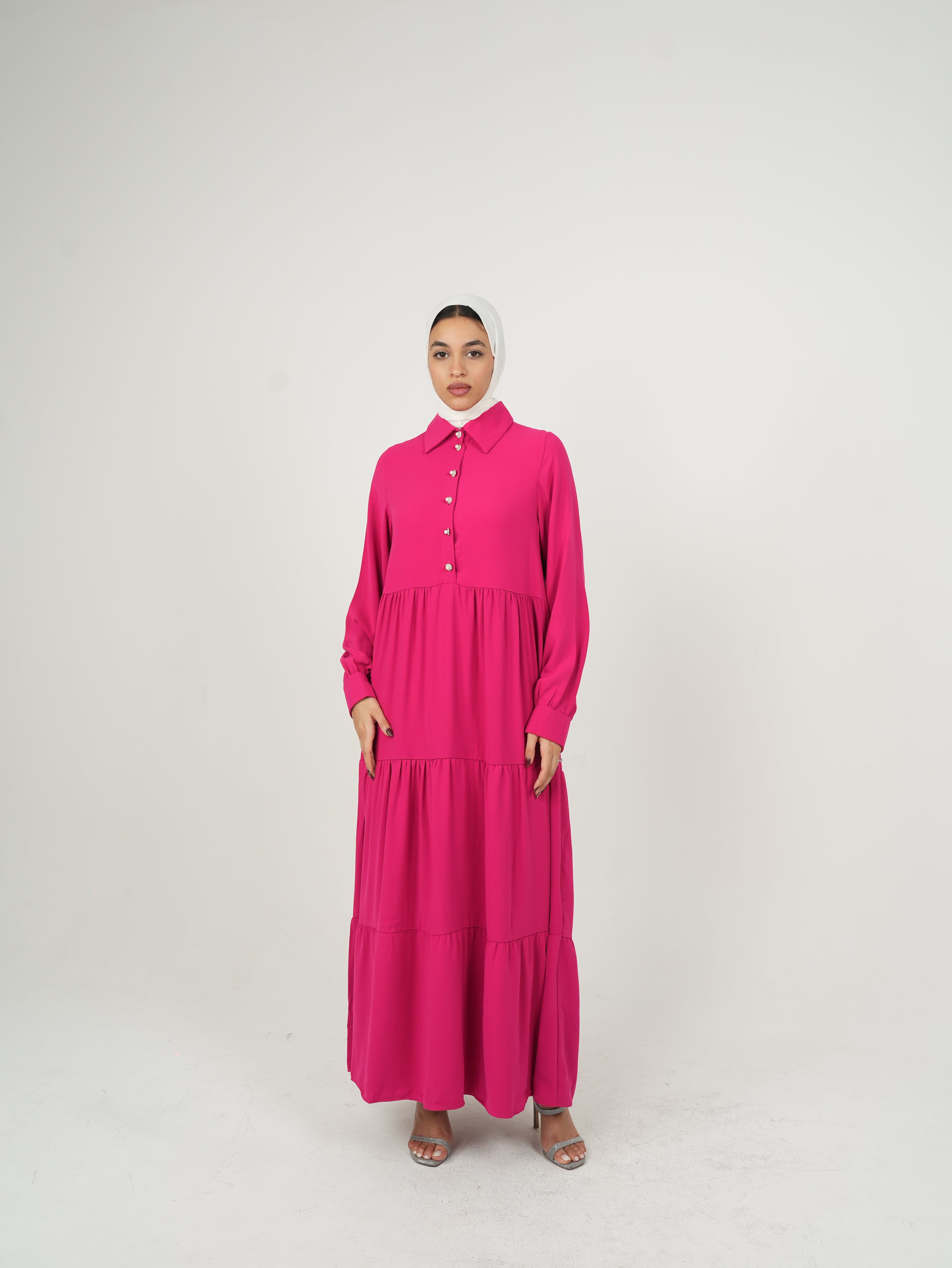 Long Sleeve Tiered Maxi Pink Dress