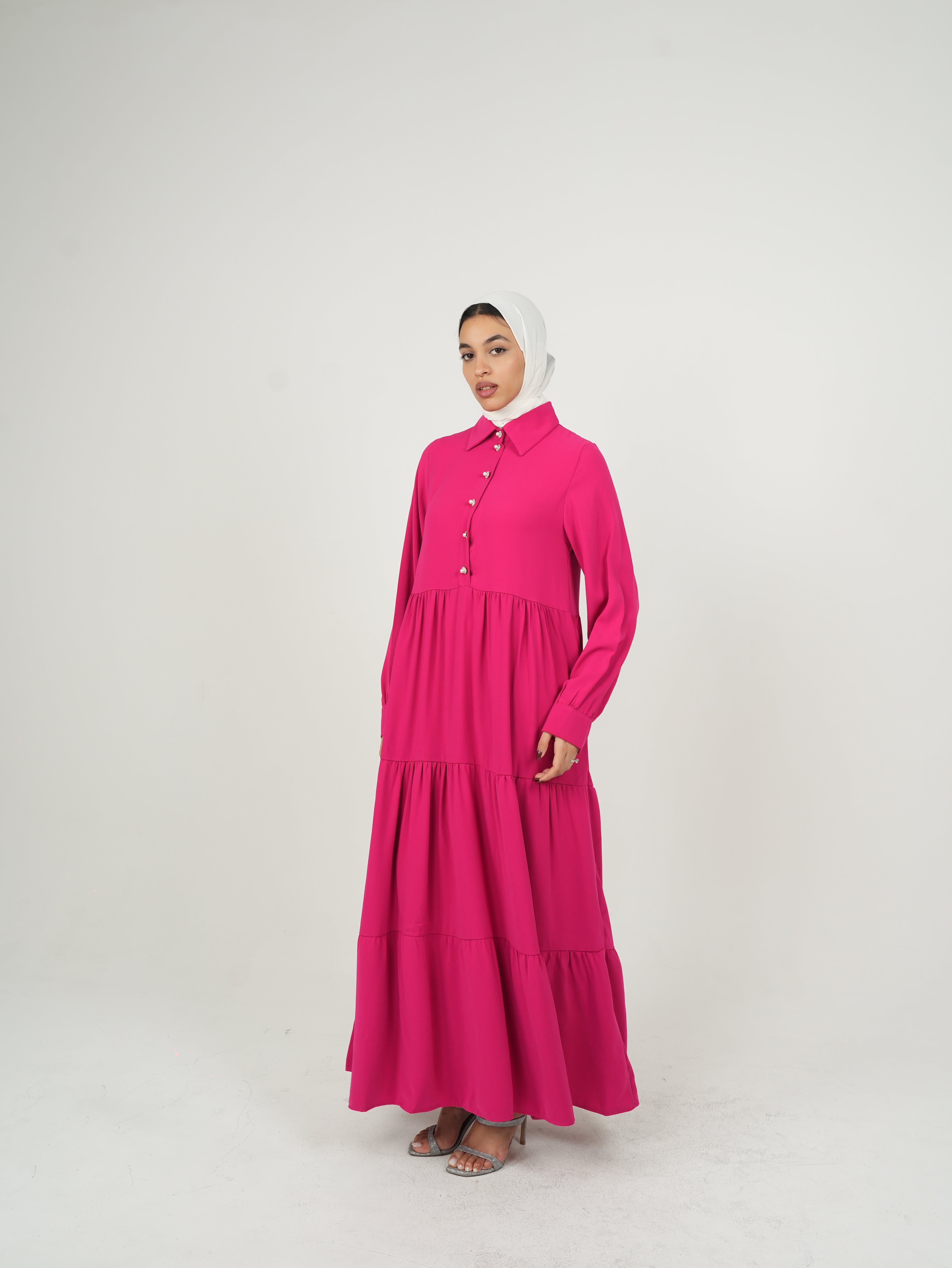 Long Sleeve Tiered Maxi Pink Dress