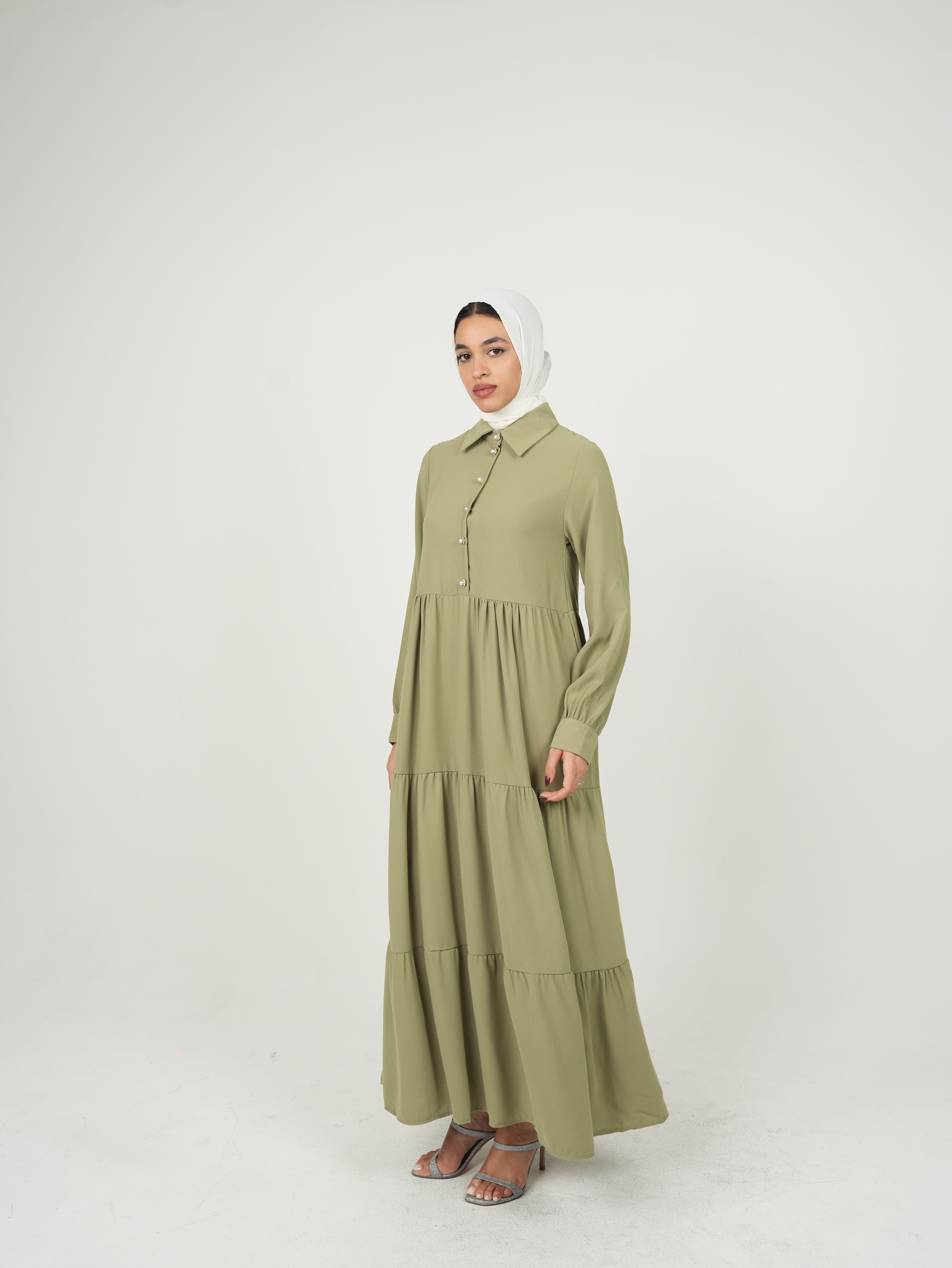 Long Sleeve Tiered Maxi Green Dress