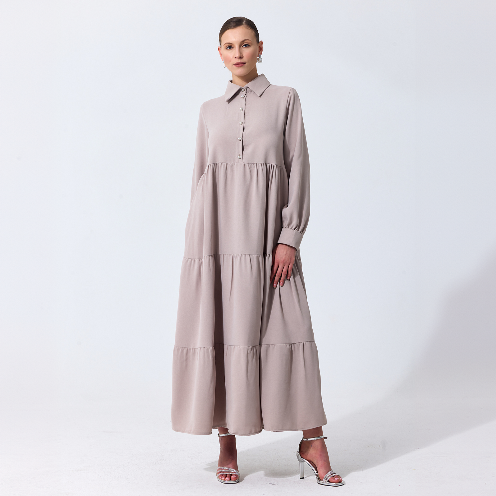 Long Sleeve Tiered Maxi Off-White Dress