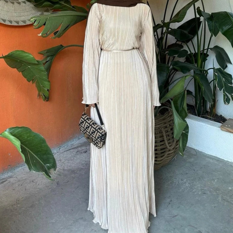 Long Sleeve Pleated Maxi Off White Hawaki Fashion