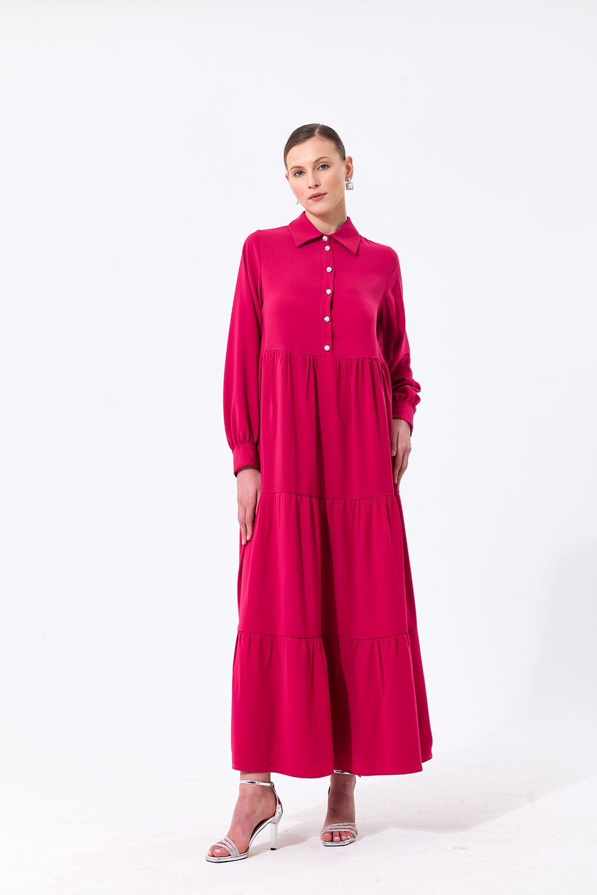 Long Sleeve Tiered Maxi Pink Dress