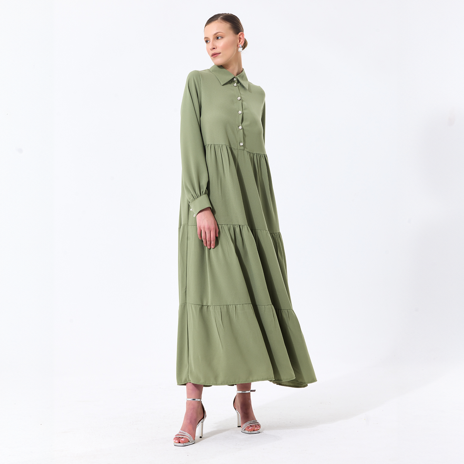 Long Sleeve Tiered Maxi Green Dress