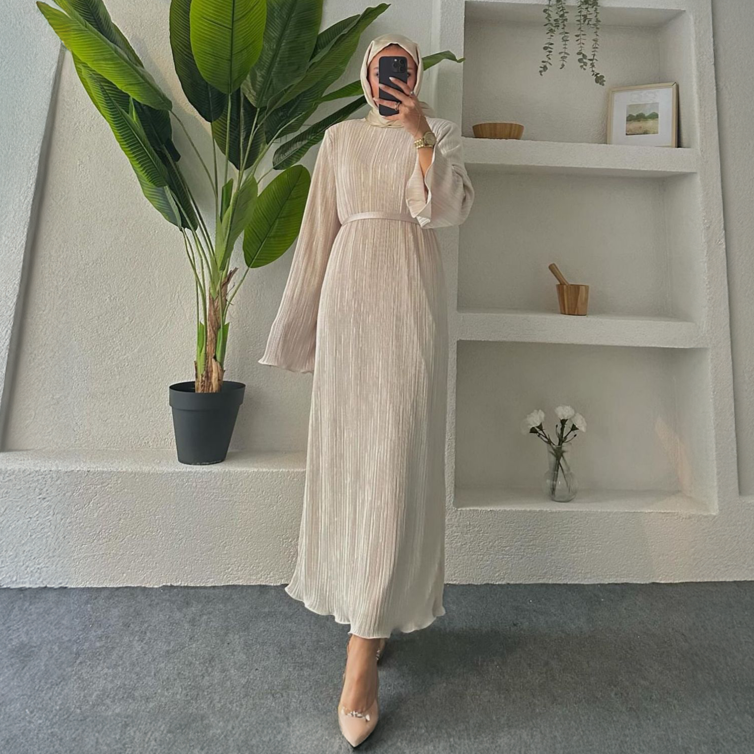 Long Sleeve Pleated Maxi Off-White